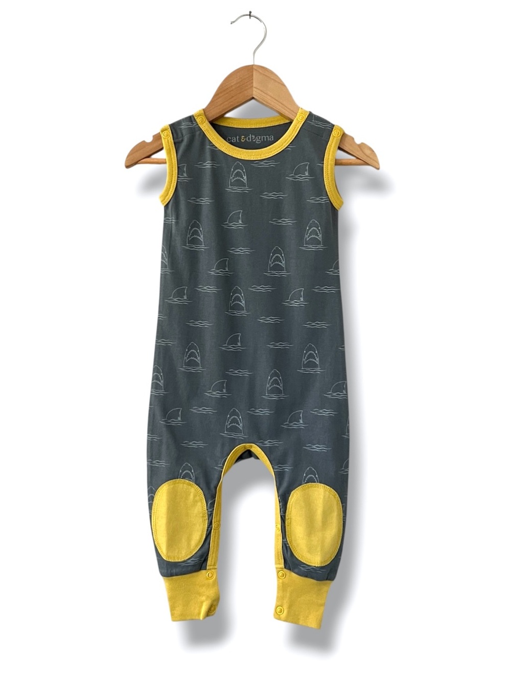 Cat & Dogma Shark Print Jumper Romper 6-12M Organic Cotton Gray Knee Patch